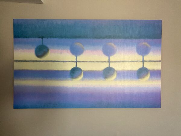 A painting of trees and their reflections